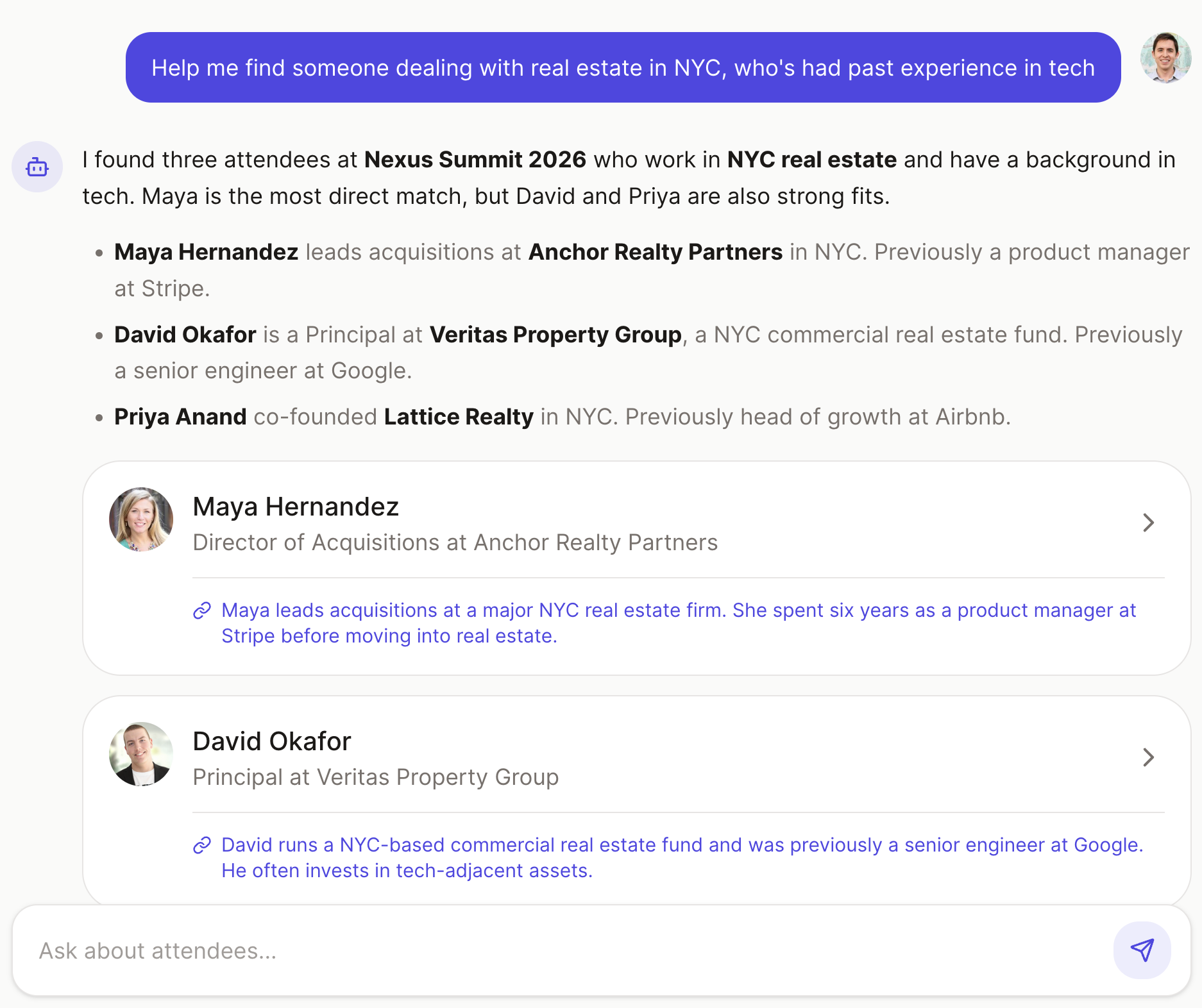 AI-powered member search showing the real-estate-meets-tech query