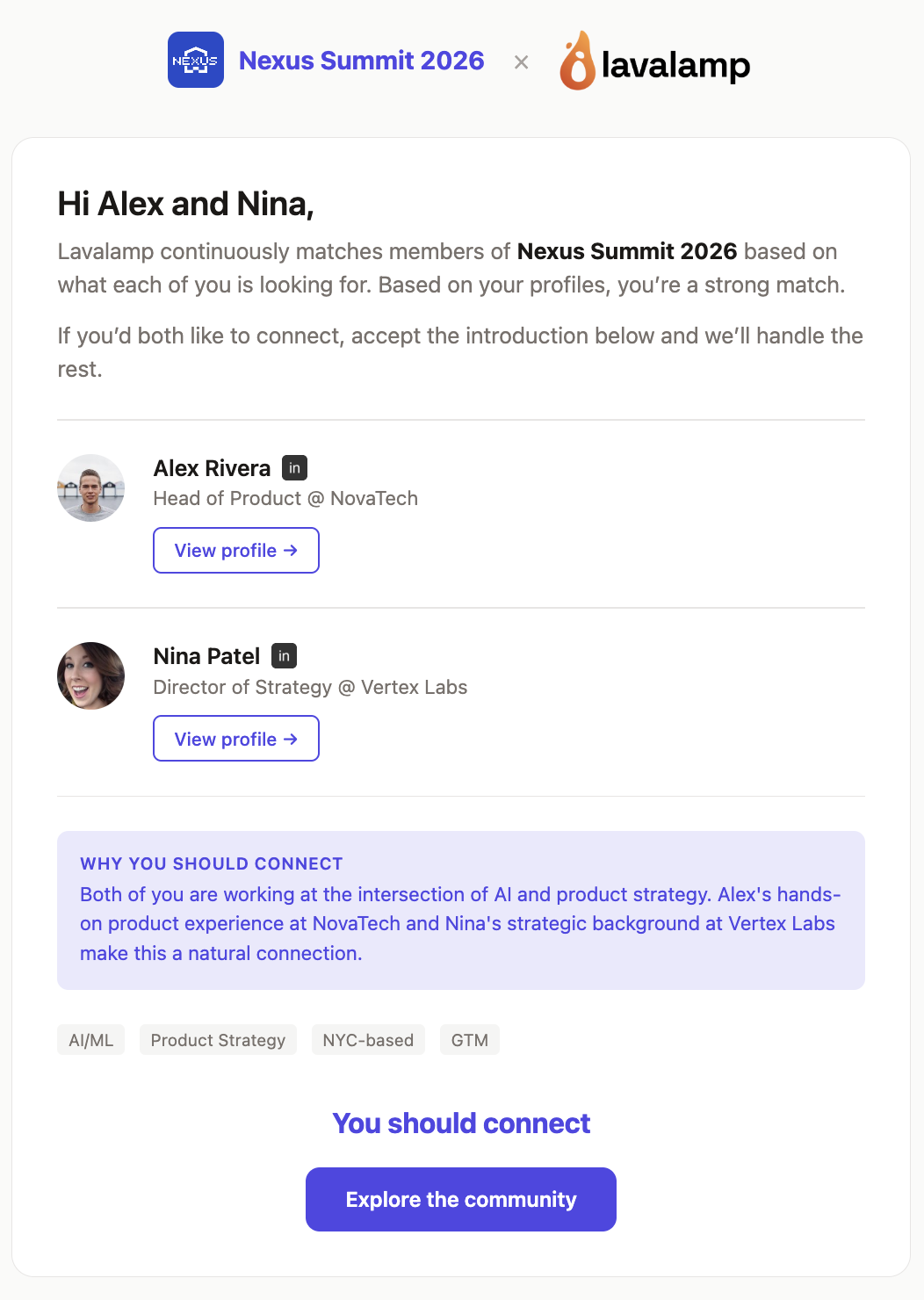 Lavalamp introduction email showing Alex and Nina being matched in Nexus Summit 2026