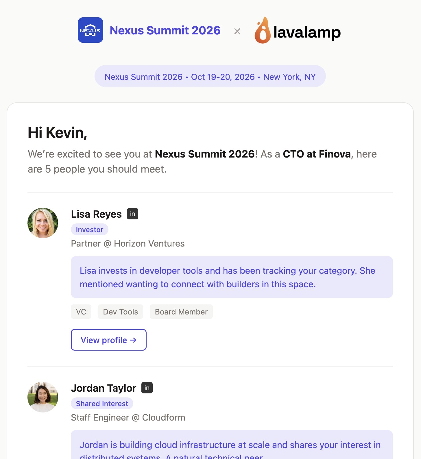 Personalized recommendation email with attendee matches and reasons to connect